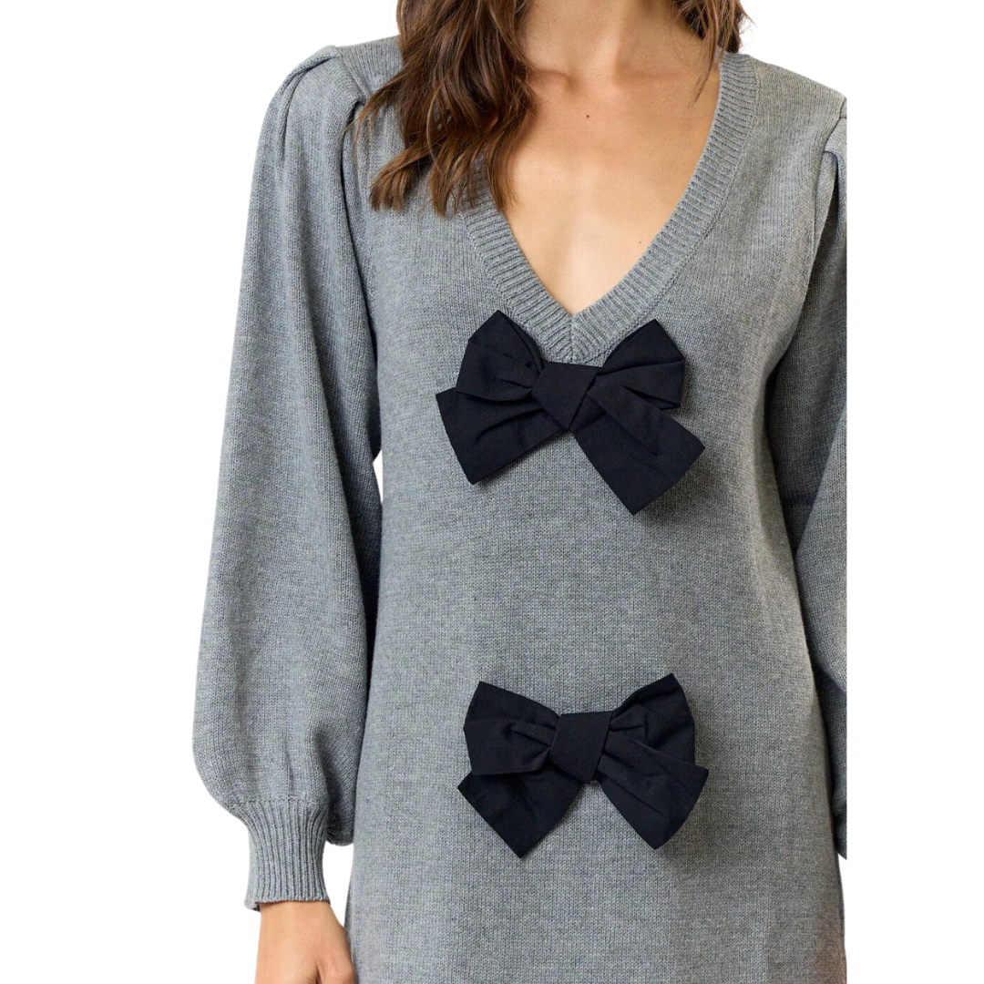 LONG SLEEVE BOW VNECK DRESS GREY/BLACK