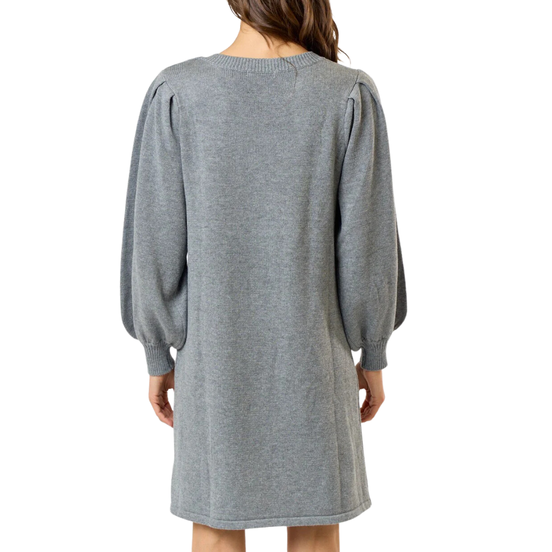 LONG SLEEVE BOW VNECK DRESS GREY/BLACK