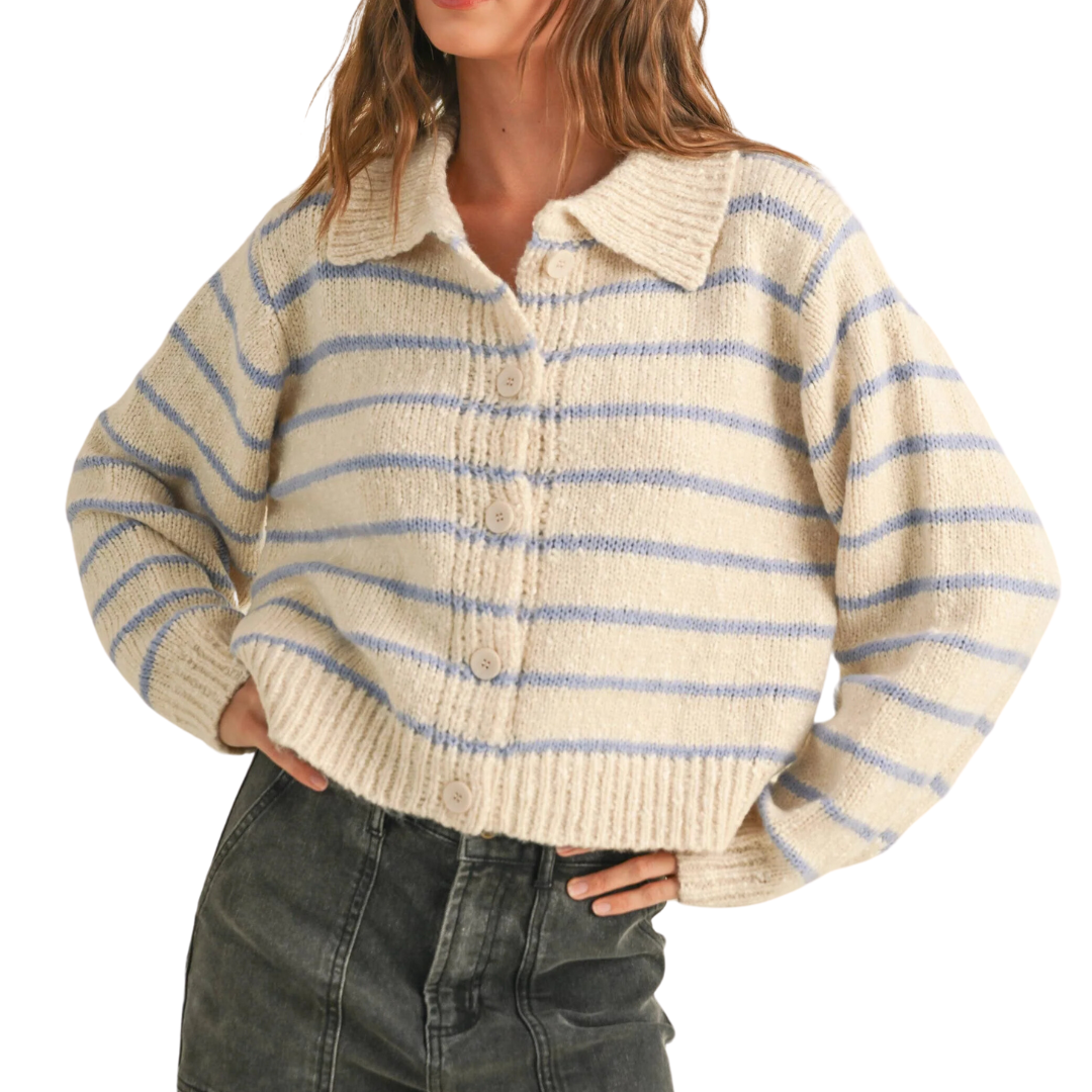 BUTTON DOWN STRIPED KNIT CARDIGAN BLUE