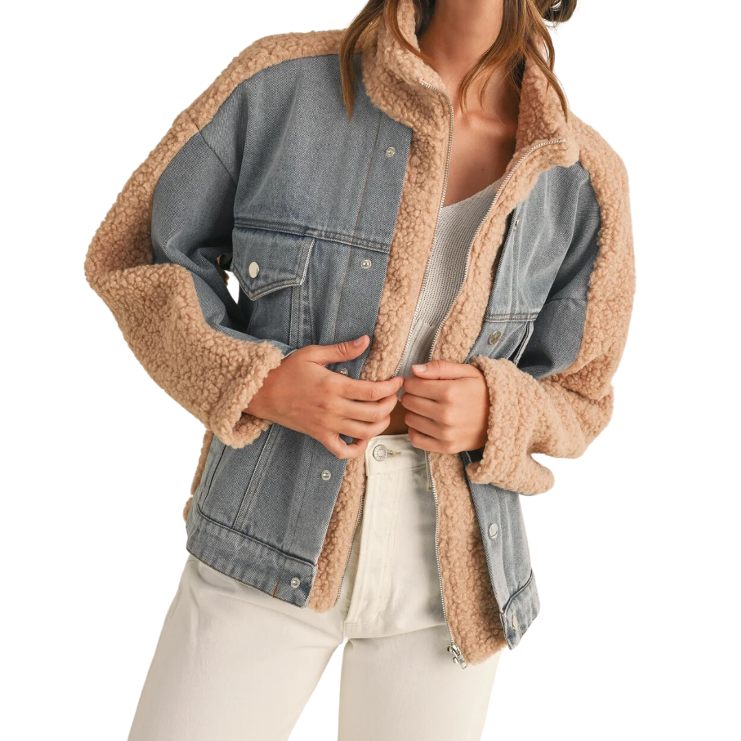 FLEECE DENIM COMBO JACKET MOCHA