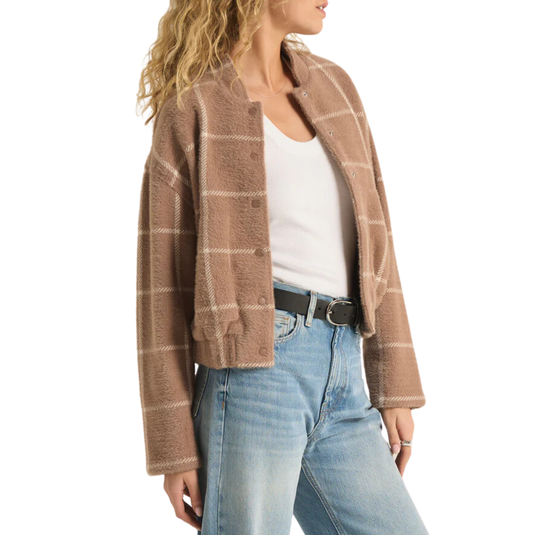 LEX PLAID BOMBER JACKET HEATHER TAUPE