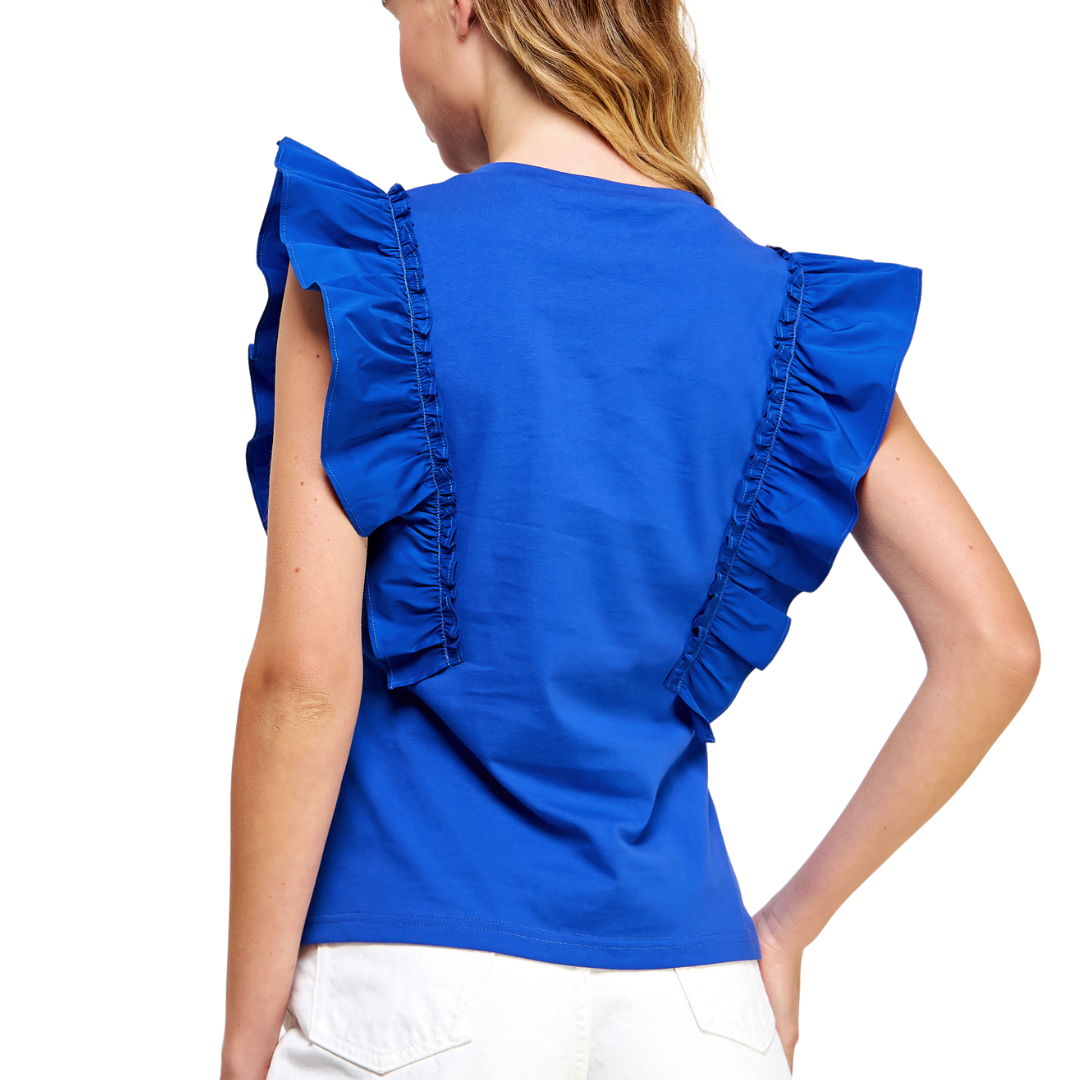 POPLIN RUFFLE SLEEVELESS TOP BLUE