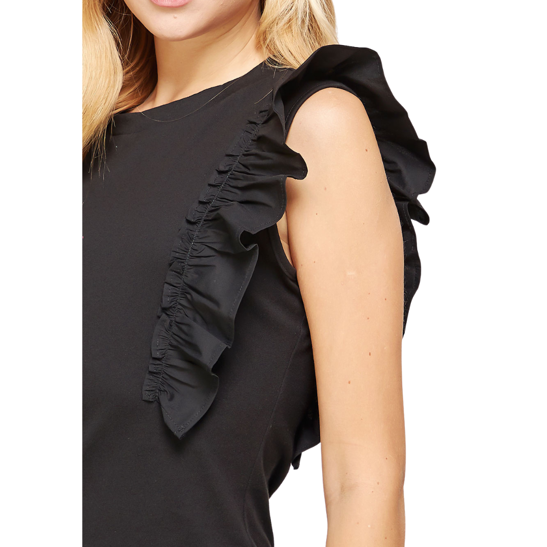 POPLIN RUFFLE SLEEVELESS TOP BLACK