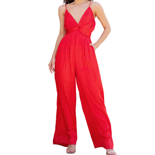 TWISTED SATIN JUMPSUIT RED