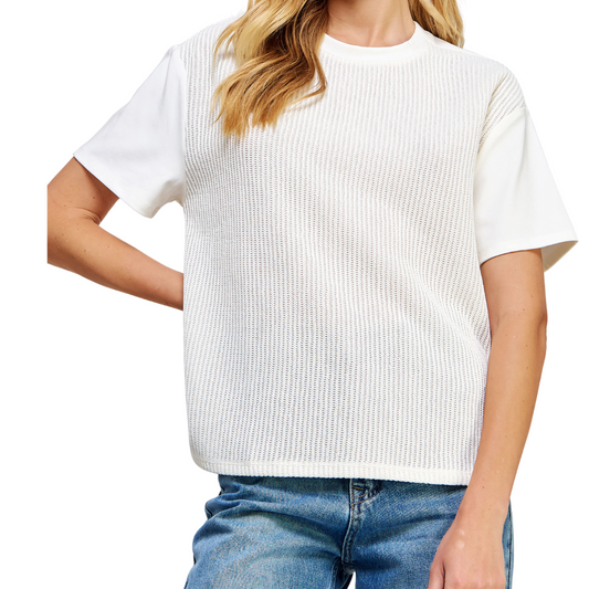 MIXED MEDIA KNIT TOP OFF WHITE