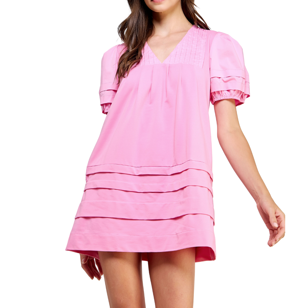 PLEATED MIXED MEDIA MINI DRESS BUBBLE PINK