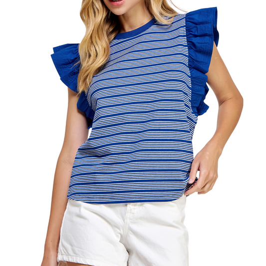 MIXED MEDIA STRIPE BLUE TOP