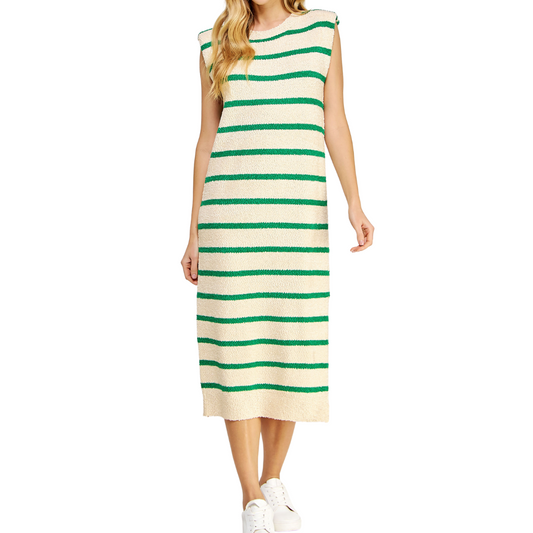 SHOULDER PAD STRIPED DRESS ECRU