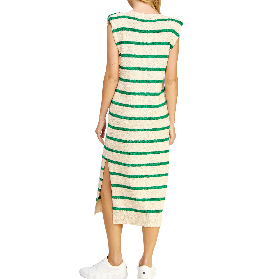 SHOULDER PAD STRIPED DRESS ECRU