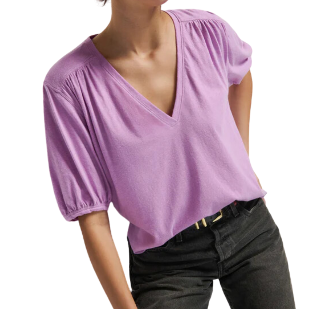 EDIE SHIRRED SHOULDER TOP VIOLET TULLE