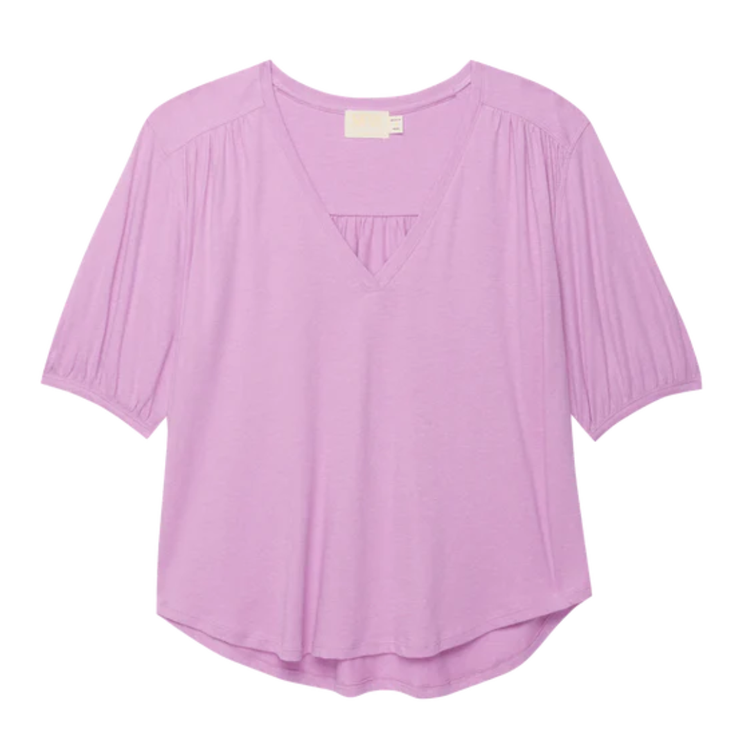 EDIE SHIRRED SHOULDER TOP VIOLET TULLE