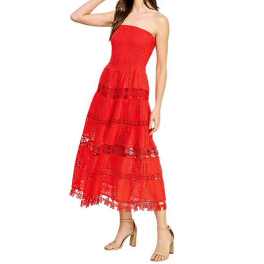 EYELET LACE TUBE DRESS RED