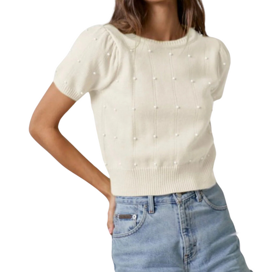 SHORT SLEEVE PEARL SWEATER CREAM