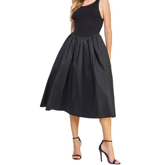 KNIT CONTRAST POPLIN DRESS BLACK