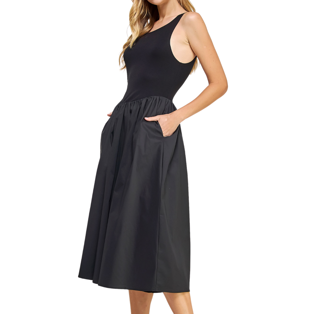 KNIT CONTRAST POPLIN DRESS BLACK