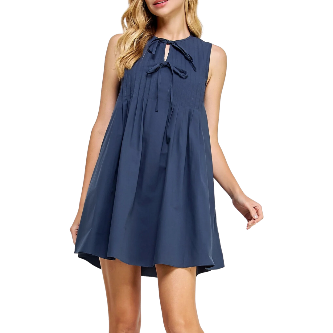 PINTUCK TIE POPLIN DRESS NAVY