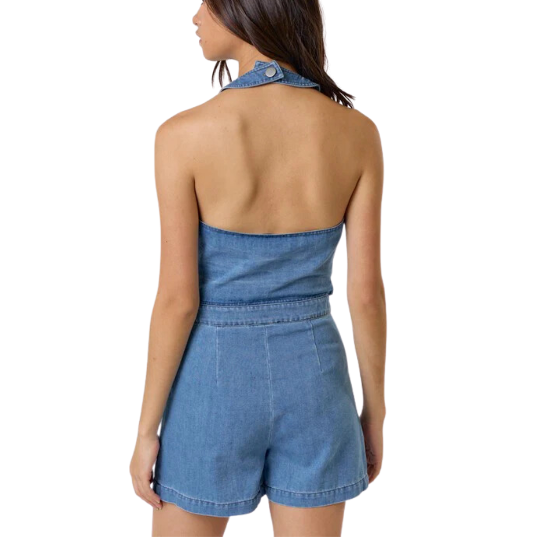 HALTER NECK DENIM VEST ROMPER