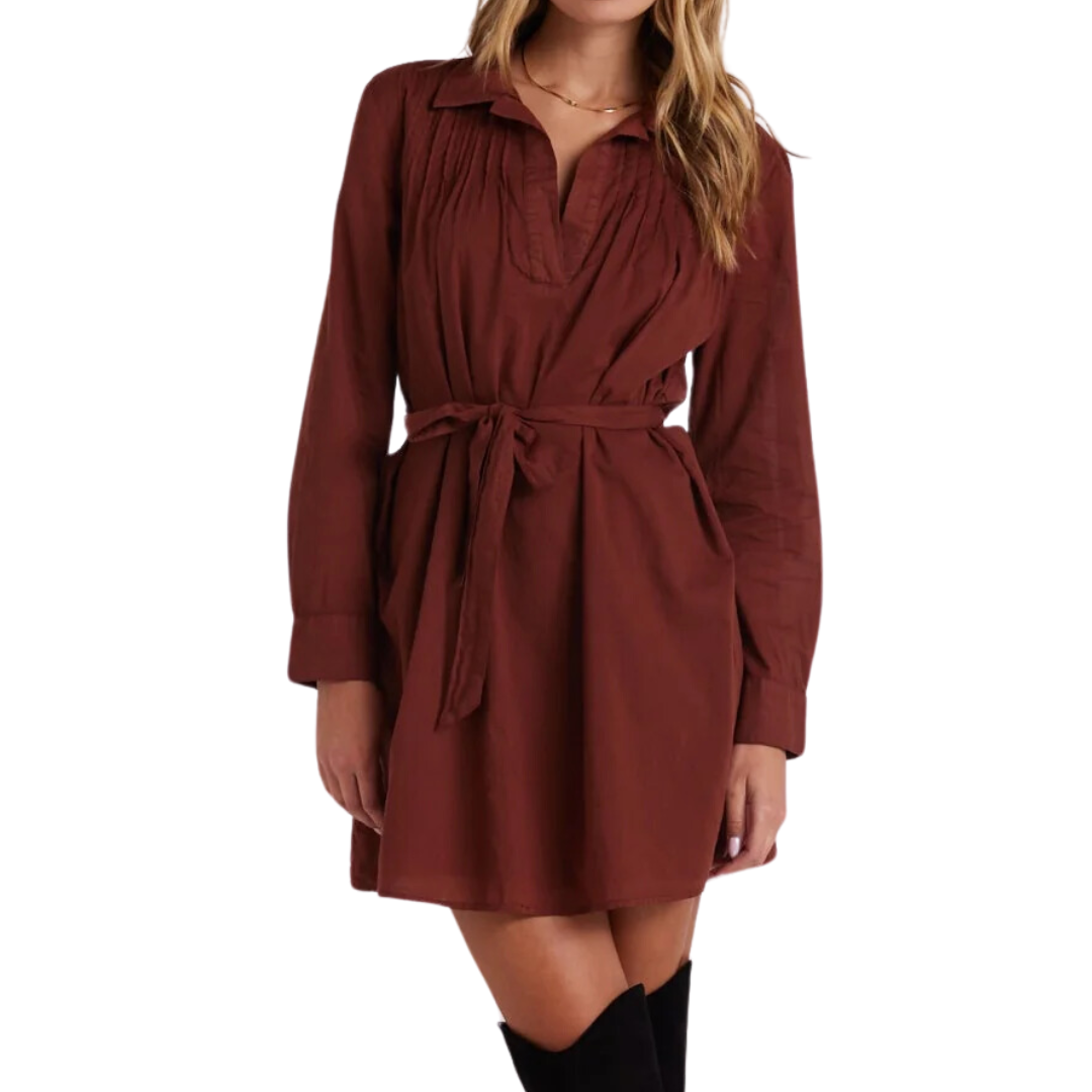 LONG SLEEVE PINTUCK DRESS CHERRY MAHOGANY