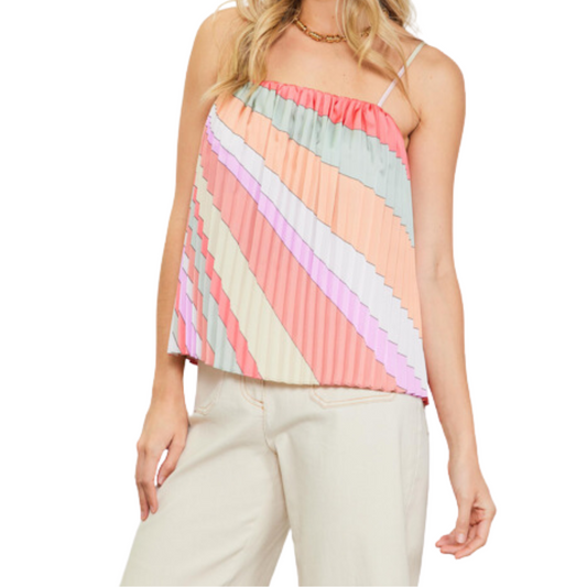 MULTI STRIPE PLEATED CAMI TOP