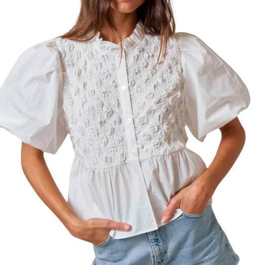 TEXTURED PUFF SLEEVE TOP WHITE