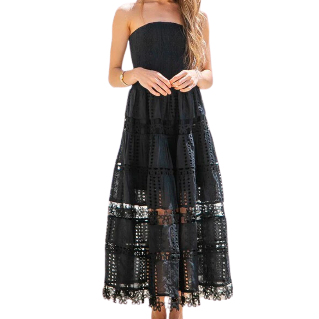 EYELET LACE TUBE DRESS BLACK