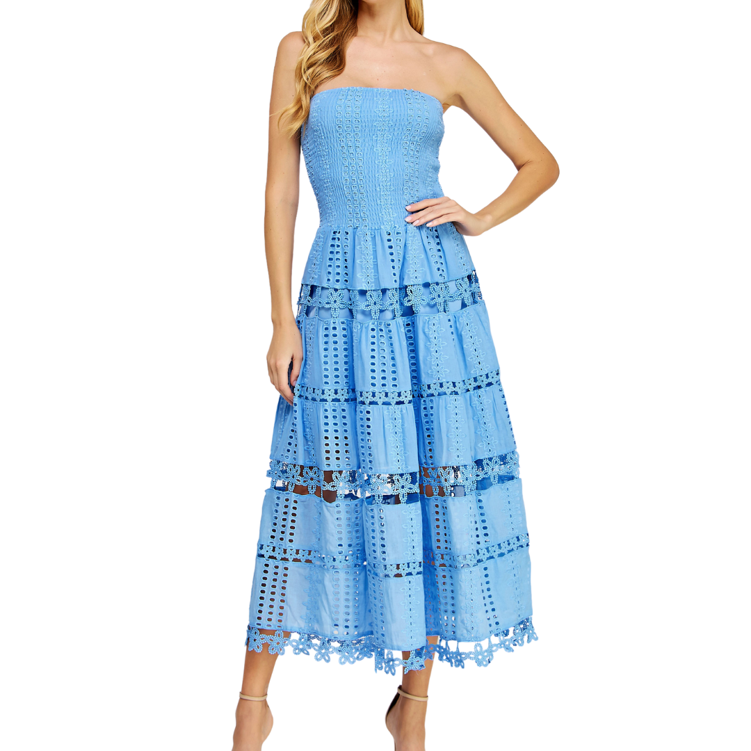 EYELET LACE TUBE DRESS CHAMBRAY