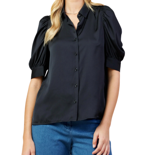 SHIRRED SLEEVE BLOUSE BLACK