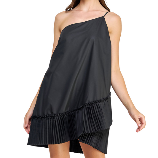 PLEATED HEM ONE SHOULDER DRESS BLACK