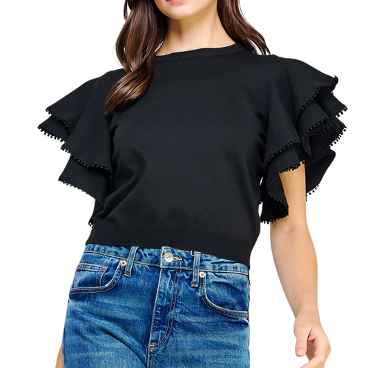 DOUBLE LAYER POM POM TOP BLACK