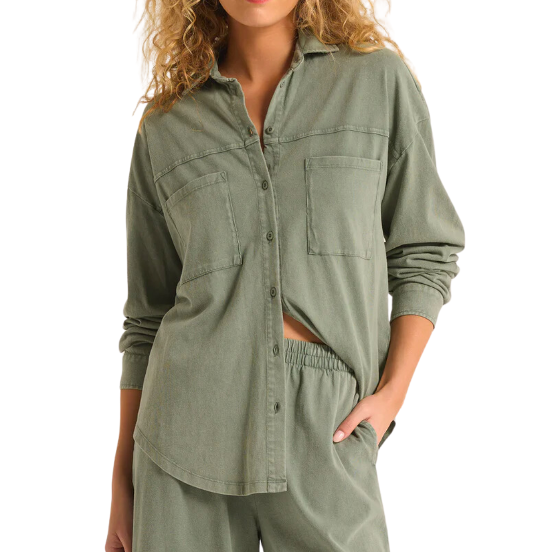 NICCOLA BUTTON UP TOP PALM GREEN