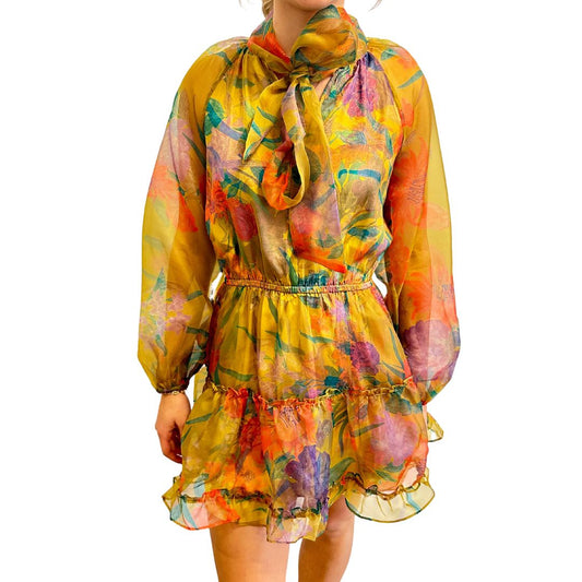 YELLOW FLORAL RIBBON TIERED MINI DRESS