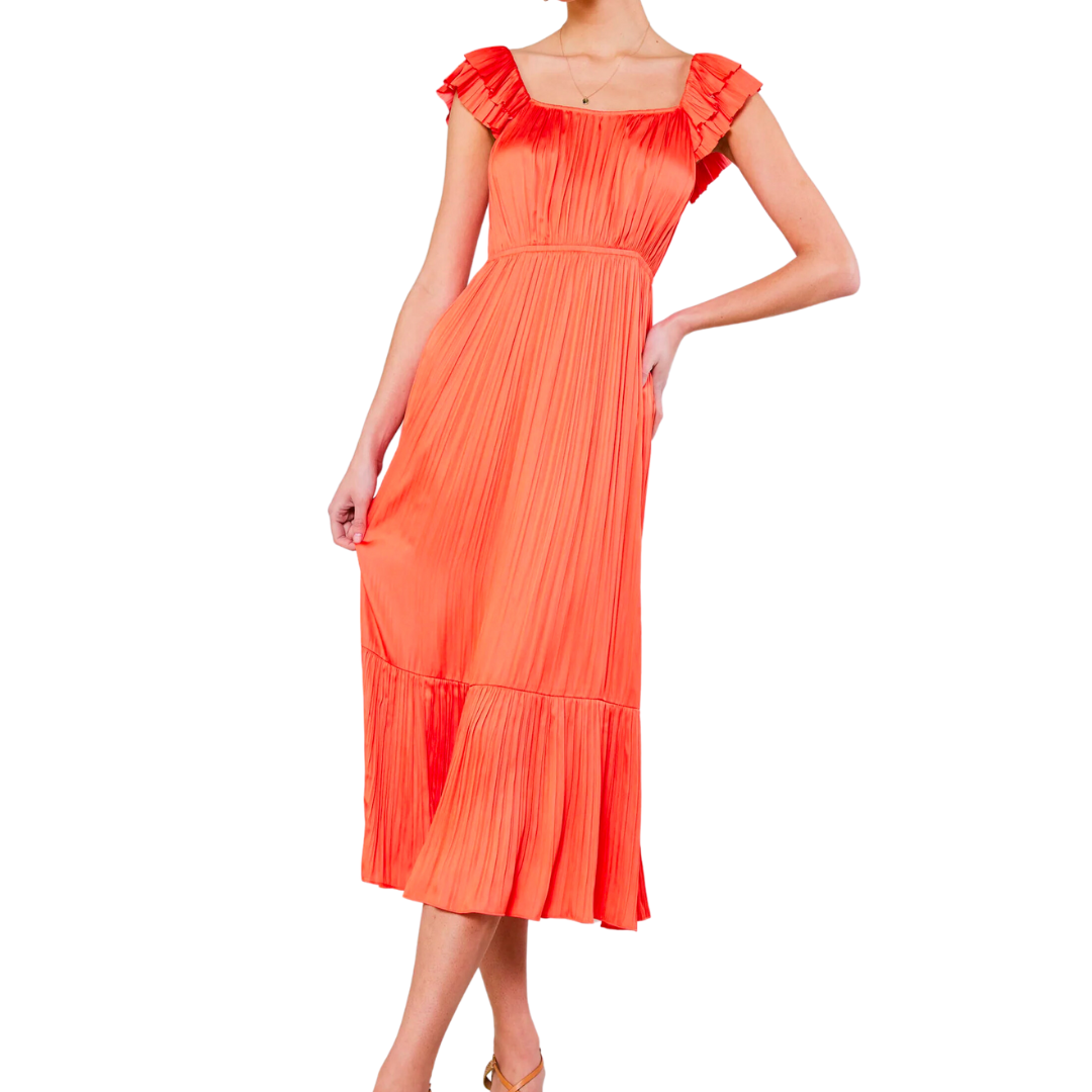 PLEATED SQUARE NECK LONG DRESS ORANGE