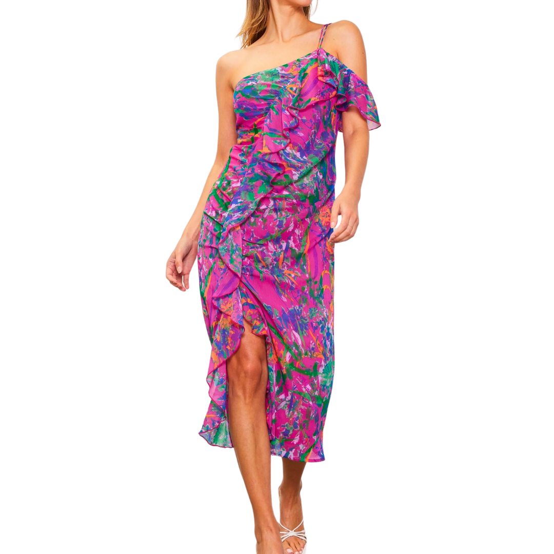 PRINTED ONE SHOULDER DRESS MAGENTA