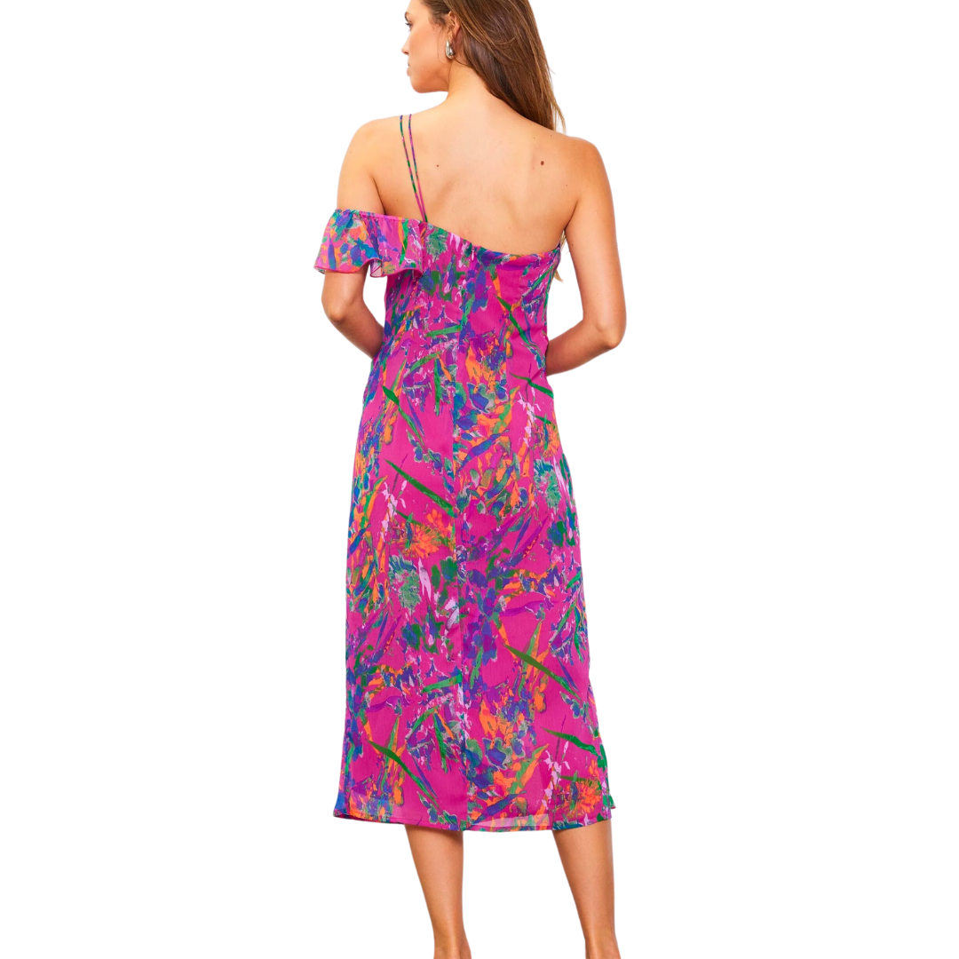 PRINTED ONE SHOULDER DRESS MAGENTA