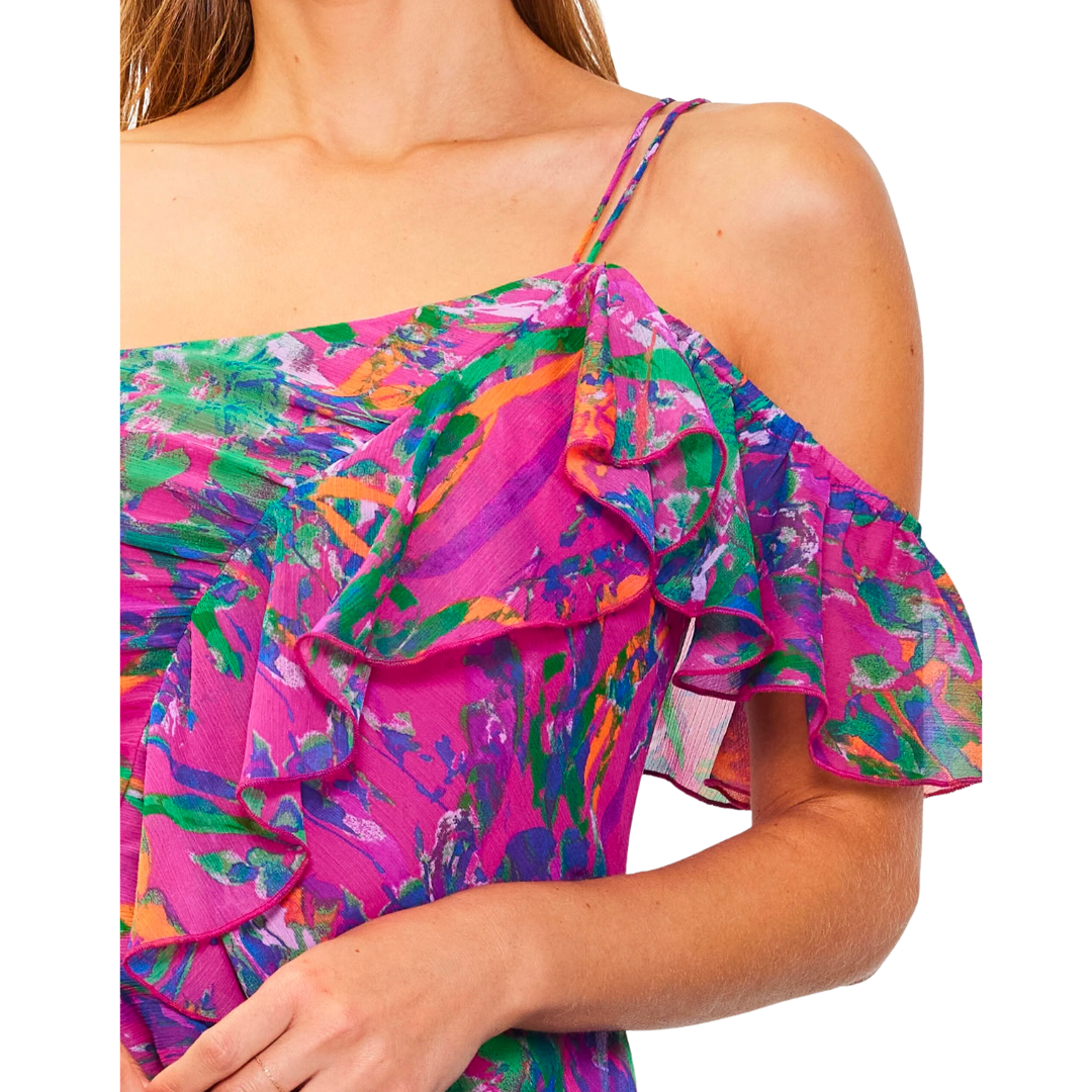 PRINTED ONE SHOULDER DRESS MAGENTA