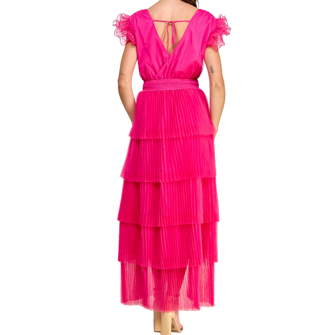 WIRE RUFFLE HIGH LOW DRESS MAGENTA