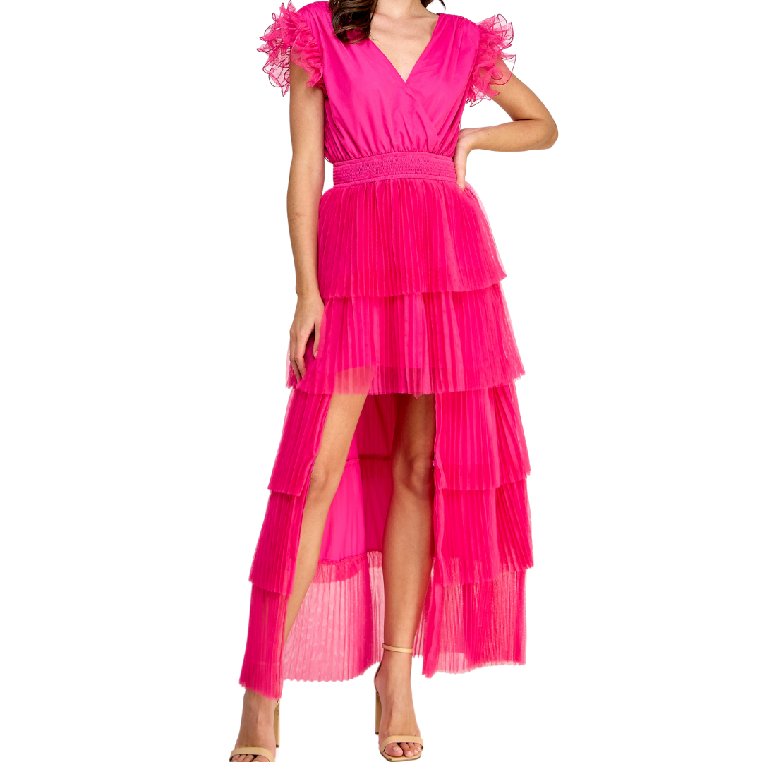 WIRE RUFFLE HIGH LOW DRESS MAGENTA