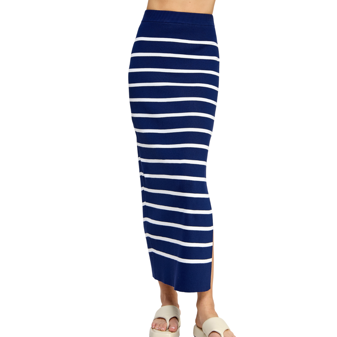 STRIPED SLIT MIDI SKIRT NAVY/WHITE