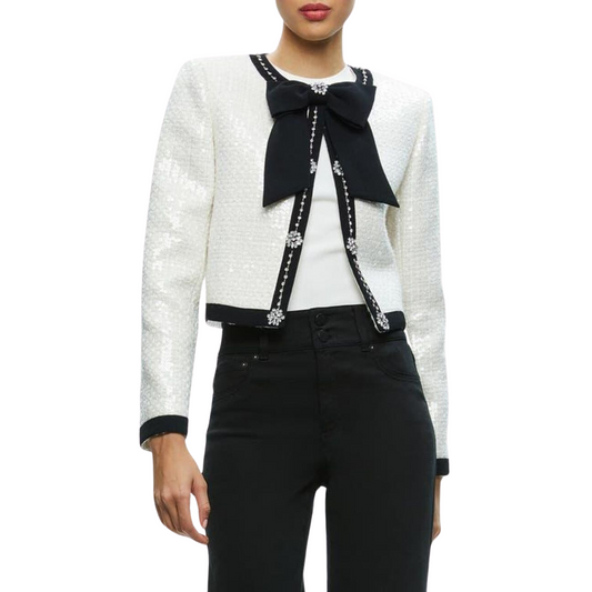 SEQUIN TWEED BOW JACKET WHITE