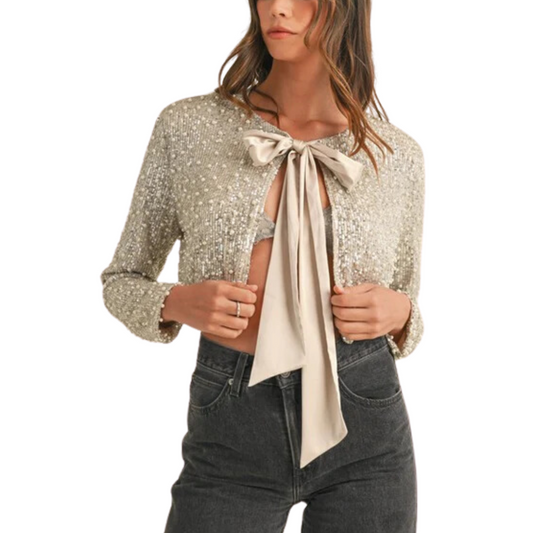 SEQUIN PEARL BOW CROP JACKET CHAMPAGNE