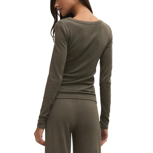 RANAE RIB LONG SLEEVE TOP KHAKI GREEN