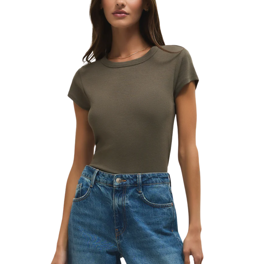 RANAE RIB SHORT SLEEVE TOP KHAKI GREEN