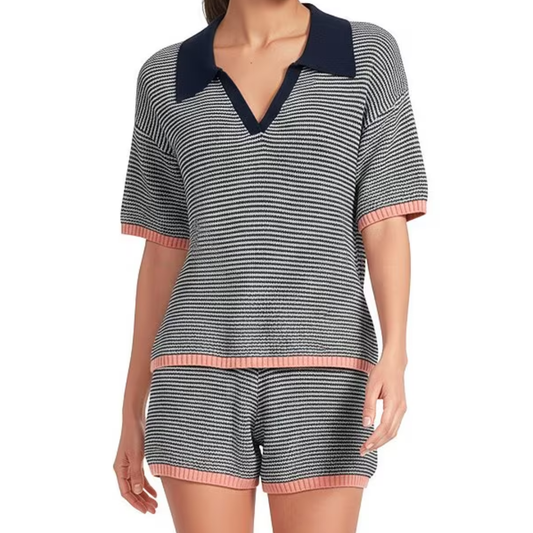STRIPE POLO SWEATER TOP NAVY