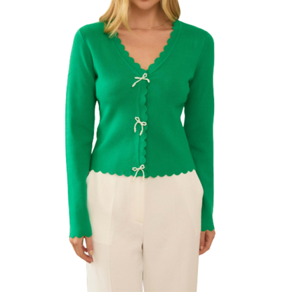 SCALLOPED SWEATER WITH RIBBON GREEN
