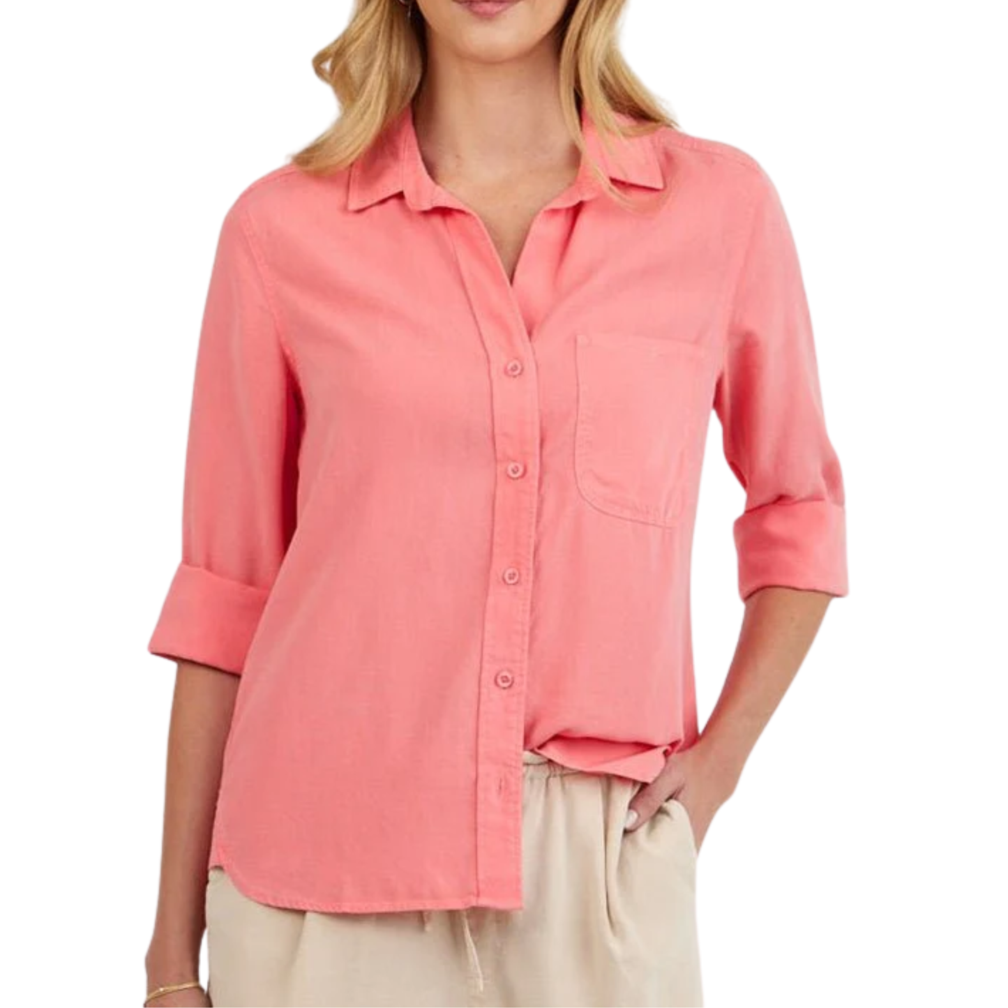 LONG SLEEVE SHIRT TAIL BUTTON DOWN WILD CORAL