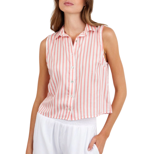 CLEAN SLEEVELESS BUTTON DOWN WILD CORAL STRIPE
