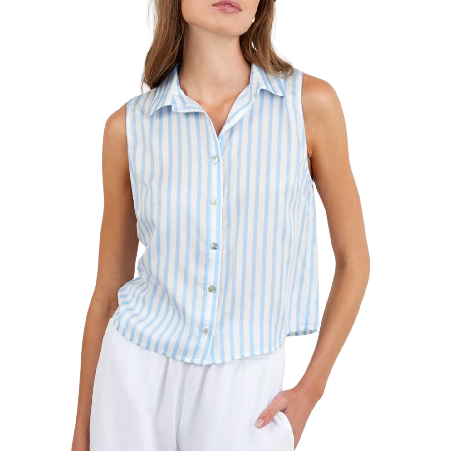 CLEAN SLEEVELESS BUTTON DOWN TIDAL BLUE STRIPE