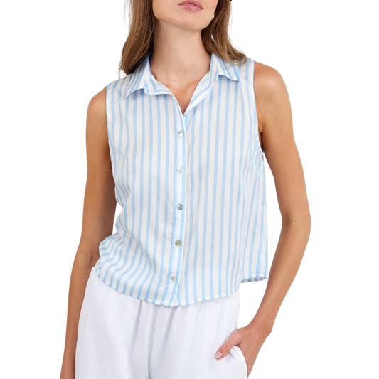 CLEAN SLEEVELESS BUTTON DOWN TIDAL BLUE STRIPE