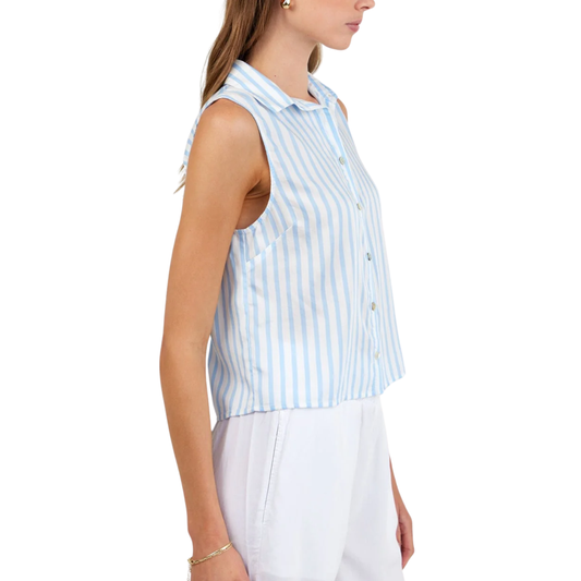 CLEAN SLEEVELESS BUTTON DOWN TIDAL BLUE STRIPE