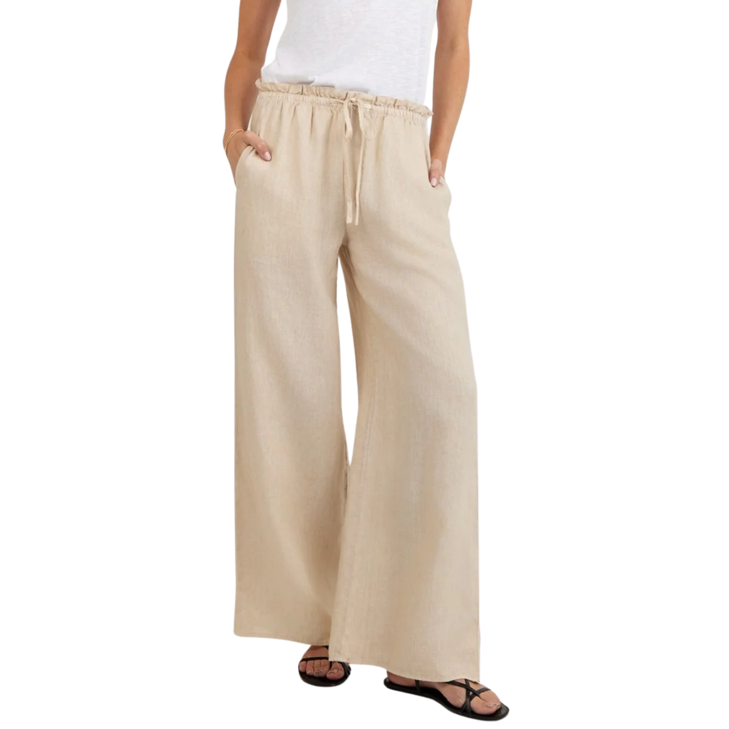 RUFFLE WAIST WIDE LEG PANT LINEN SAND
